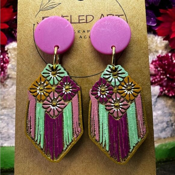JEWELED ART Western Chic Floral Piñata Hand Painted Wood Earrings - Picture 3 of 3